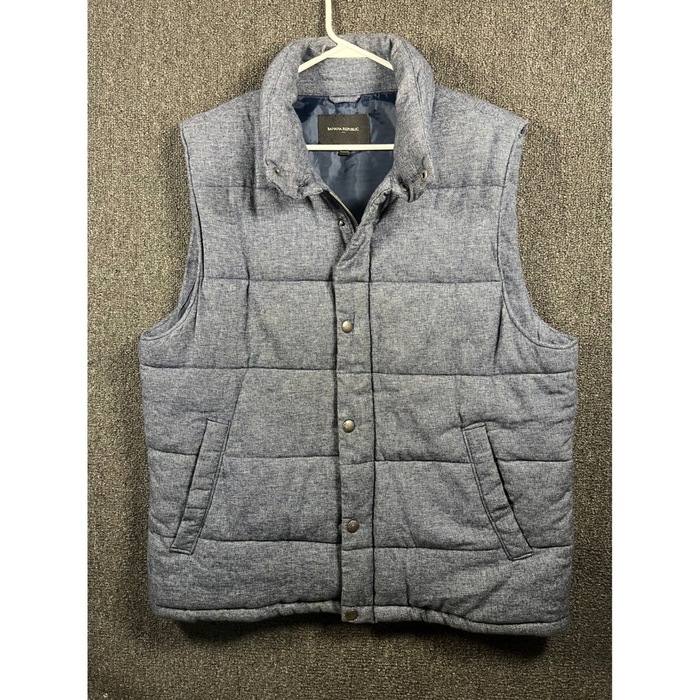 Banana Republic Mens Blue Quilted Puffer Vest Large Marl Full Zip Snap Front